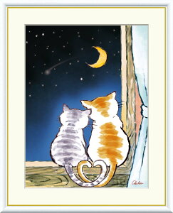 絵画 額絵 額入りアート 千春 「三日月のねこ」j3-b006 F8(61cm×49.5cm) F6(外寸52cm×42cm) F4(外寸42cm×34cm)<送料無料> しあわせのねこ 幸せを招く 幸せ 招福 風水 cat 猫 可愛い 猫アート