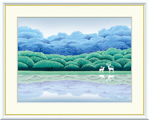 有名 画家 額入りアート 竹内凛子 「湖畔清涼」 j3-d009 F8(61cm×49.5cm) F8:61cm×49.5cm F6:52cm×42cm F4:42cm×34cm 送料無料 アート アートパネル モダンアート 湖 癒し 森 鹿