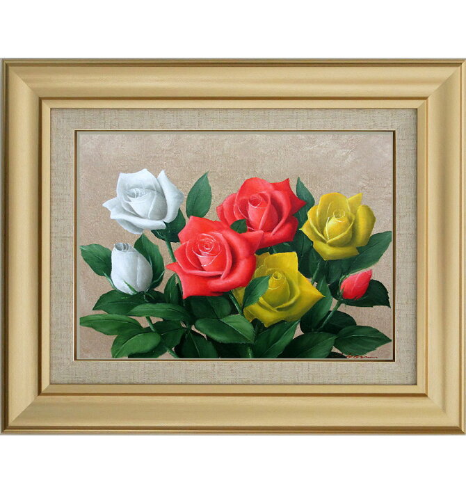 楽天市場】手描き 油絵 額入り油彩画 バラ2 F6サイズ 薔薇 赤 白 黄 
