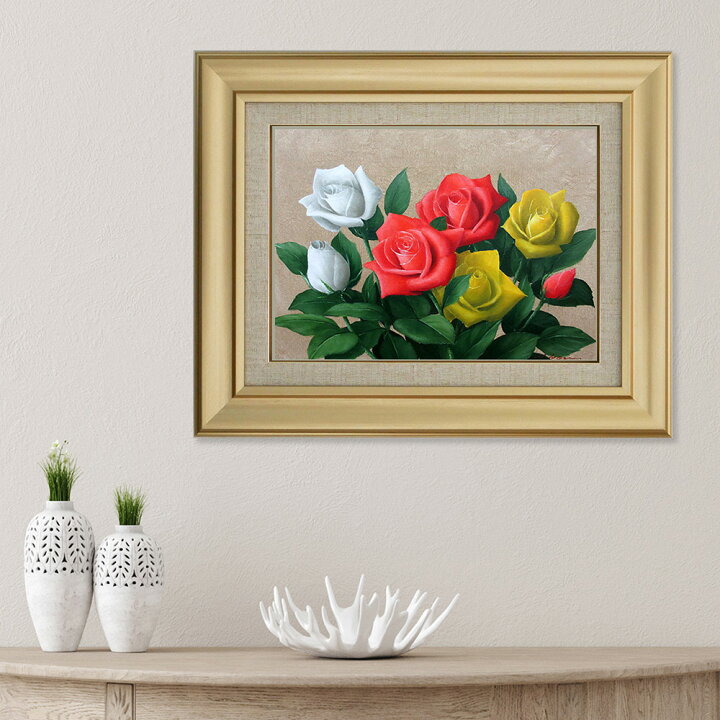 楽天市場】手描き 油絵 額入り油彩画 バラ2 F6サイズ 薔薇 赤 白 黄 