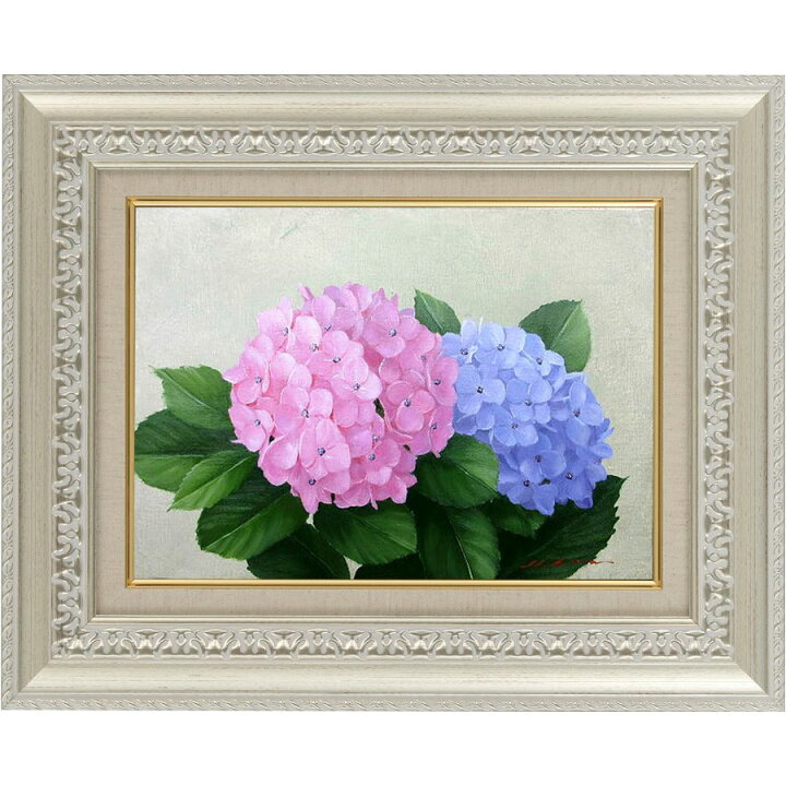 楽天市場 手描き 油絵 額入り油彩画 紫陽花 アジサイ F4サイズ あじさい ピンク 紫 肉筆画 額 額入り絵画 アート フレーム 花 花の絵 安田英明 幅493mm 高さ402mm ハッピー雑貨専門店happymarche