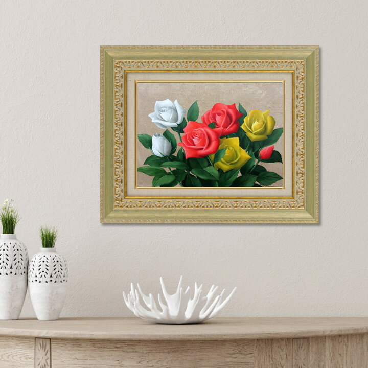 楽天市場】手描き 油絵 額入り油彩画 バラ2 F4サイズ 薔薇 赤 白 黄 