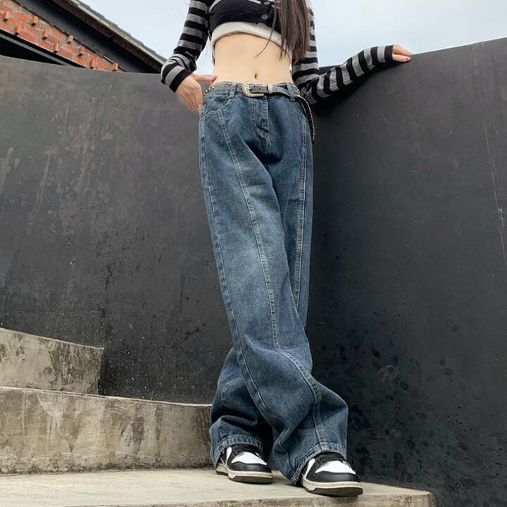 Rockmore-レディースヴィンテージバギージーンズ、ウォッシュド、ディストレスト、ストレートデニムパンツ、シックなストリートウェア、ワイドレッグパンツ、グランジボトムス、y2k  y2k ボトムス T240828155557_01 ストリートウェア ストライプ ステッチ バレル ジーンズ バギー ストリート パンツ Y2k ルーズデニムパンツ