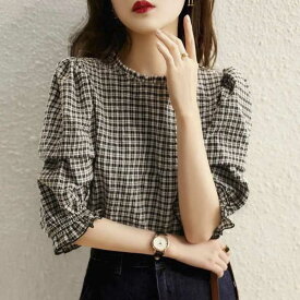【半額クーポン対象】トップス シャツ ブラウス 5分袖 パフ袖 チェック フリル 可愛い 清楚 上品 大人 ベーシック シンプル レディース 韓国ファッション【lestp303-004】【即納：1-5営業日】【送料無料】メ込2