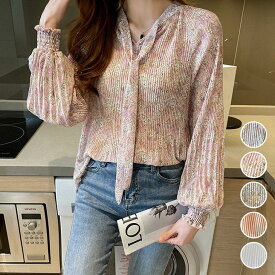 【半額クーポン対象】ランタン袖 ブラウス 総柄 ボウタイ リボン ボリューム袖 長袖 Vネック トップス シフォン 花柄 おすすめ レディース人気 プチプラ 韓国ファッション 2023秋冬新作 【letp308-058】【予約販売：15-20日】【送料無料】メ込1