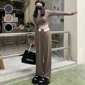 【半額クーポン対象】ハイウエスト タック ワイドパンツ 折り返し ボトムス 長ズボン ロング丈 カジュアル きれいめ ストレート おすすめ レディース オシャレ トレンド 人気 プチプラ 韓国ファッション【1709-ff】【予約販売：15-20日】【送料無料】メ込2