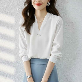 【半額クーポン対象】Vネック シャツ ブラウス オフィス シンプル ノーカラー 通勤 きれいめ 長袖 トップス 深Vネック おすすめ レディース オシャレ トレンド 人気 プチプラ 韓国ファッション【8369-gt】【予約販売：15-20日】【送料無料】メ込2