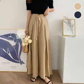 【半額クーポン対象】ワイドパンツ ハイウエスト ゆったり ロング Aライン カジュアル キレイめ 上品 オールシーズン 着やせ おしゃれ ベージュ ネイビー ワイドシルエット 体型カバー ポケット スカートみたい【lesbt406-203】【予約販売：15-20日】【送料無料】メ込2