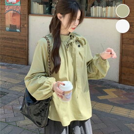 【半額クーポン対象】リボンネック ブラウス リボン シンプル 無地 スタンドカラー風 きれいめ オフィス 長袖 シャツ 秋冬 おすすめ レディース オシャレ トレンド 人気 プチプラ 韓国ファッション【24aw-it108】【予約販売：15-20日】【送料無料】メ込2