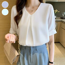 【半額クーポン対象】Vネック 5分袖 ブラウス シンプル 半袖 トップス 無地 きれいめ デート お呼ばれ オフィス 春夏 おすすめ レディース オシャレ トレンド 人気 プチプラ 韓国ファッション【3090-ne】【予約販売：15-20日】【送料無料】メ込2