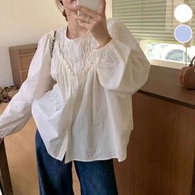 【半額クーポン対象】デコルテ 切り替え ブラウス シャツ フリル シンプル 無地 長袖 パフスリーブ ガーリー 女子会 春夏 おすすめ レディース オシャレ トレンド 人気 プチプラ 韓国ファッション【3317-fx】【予約販売：15-20日】【送料無料】メ込2