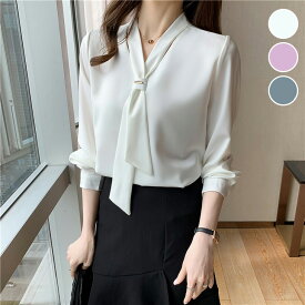 【半額クーポン対象】ノーカラー タイブラウス ネクタイ風 ブラウス 無地 シンプル オフィス きれいめ お呼ばれ 春夏 おすすめ レディース オシャレ トレンド 人気 プチプラ 韓国ファッション【6906-gt】【予約販売：15-20日】【送料無料】メ込2