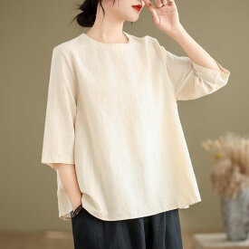 【半額クーポン対象】シャツ リネン混 ブラウス トップス ナチュラル シンプル 7分袖 上品 キレイめ デート オフィス おすすめ おしゃれ レディース トレンド 人気 プチプラ 韓国ファッション 2025春夏新作【8009-xjm】【予約販売：15-20日】【送料無料】メ込2