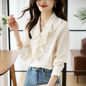 【半額クーポン対象】フリルカラー ブラウス 深ネック シャツ 長袖 無地 シンプル きれいめ フォーマル オフィス 春夏 おすすめ レディース オシャレ トレンド 人気 プチプラ 韓国ファッション【8961-nc】【予約販売：15-20日】【送料無料】メ込2
