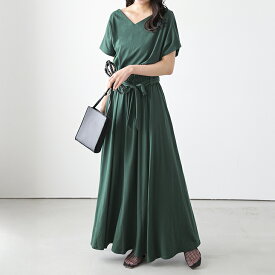 【半額クーポン対象】ロングワンピース　カットソー Vネック ウエストマーク リボン 美シルエット 体型カバー 上品 ベルト付き おしゃれ おすすめ 2025春夏新作【lewpss25-1308】【予約販売：6月19日入荷予定順次発送】【送料無料】宅込