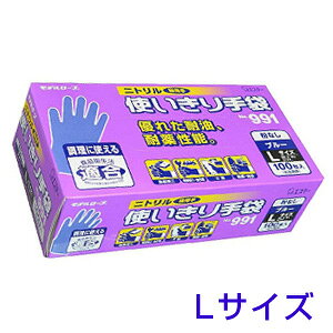 使いきり手袋 Lサイズ粉なし/ブルーニトリル No991極薄手 手袋食品加工 機械回り・油作業 介護 農業・園芸エステー 100枚入 モデルローブ