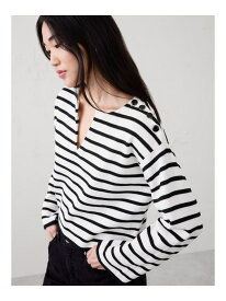 (W)BANANA REPUBLIC FACTORY STORE　　ストライプ ボタン付き ノッチネック セーター BANANA REPUBLIC FACTORY STORE バナナ・リパブリック ファクトリーストアー トップス ニット ベージュ ホワイト【送料無料】[Rakuten Fashion]