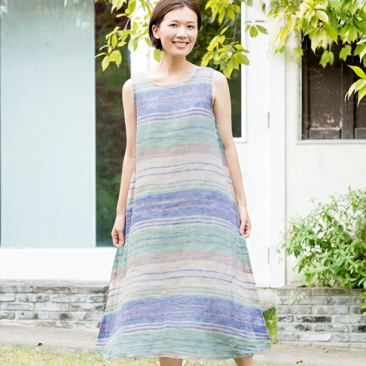 楽天市場 在庫限り マルチボーダーノースリーブワンピース レディース 夏服 涼しい 綿100 日本製 フリーサイズ 蚊帳 かや ロング マキシ丈 薄手 透け感 春夏 ナチュラル おしゃれ ギフト プレゼント 包装対応 母の日 Ban Inoue 幡inoue Online Shop 楽天市場店