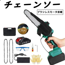 【2026年モデル】チェーンソー 充電式 ブラシレスモータ搭載 小型 コードレス 電動チェーンソー 充電式 ハンディチェーンソー 切断長20cm 自動給油 電動のこぎり 軽量 1.4kg 強力 木工切断 枝切り 園芸設備 安全ロック付き 21V バッテリー1個付