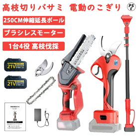 高枝切り電動チェーンソー 高枝切りバサミ 電動 4 in 1 たかえだ 電動 チェーンソー 充電式 電動剪定ハサミ 切断径40mm 高枝 チェーンソー 切断径150mm 枝切り 電動 高枝切り鋏 伸縮式延長ポール付き 最長250CM 木工切断 高枝伐採 庭木の剪定 大容量バッテリー付き PSE認証