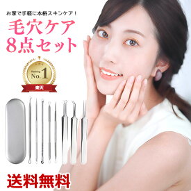 【楽天1位獲得】毛穴ケア専用キット 黒ずみ 毛穴ケア ピンセット コメドプッシャー 8本 ケース付き ステンレス 角栓 角栓除去 ニキビ コメド イチゴ鼻 肌 処理 スティック 毛抜き スキンケア 送料無料 即納