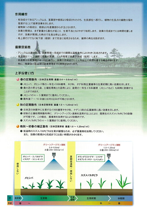 楽天市場 芝生用除草剤 グリーンアージラン液剤 1l イネ科 メヒシバ スズメノカタビラ キク科 広葉雑草 ゴルフ場も使用 雑草対策 日本芝 高麗芝 野 芝 芝生のことならバロネスダイレクト