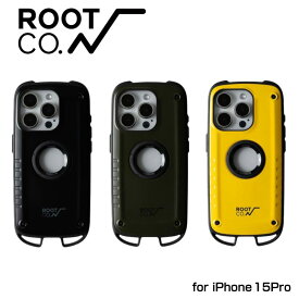ROOT CO. ルートコー iPhone15Pro専用 GRAVITY Shock Resist Case Rugged. iPhoneケース ブラック カーキ イエロー カラナビループ付き 耐傷性 耐熱性 耐衝撃性 軽量