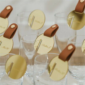 「1個から購入可能」ゴールドアクリル席札（丸型） レザーベルト お急ぎ対応【エスコートカード アクリル ネームタグ ラゲッジタグ ギフト プレゼント シンプル ゴールド ゲストがもらって嬉しい席札 キーホルダー 】knock004