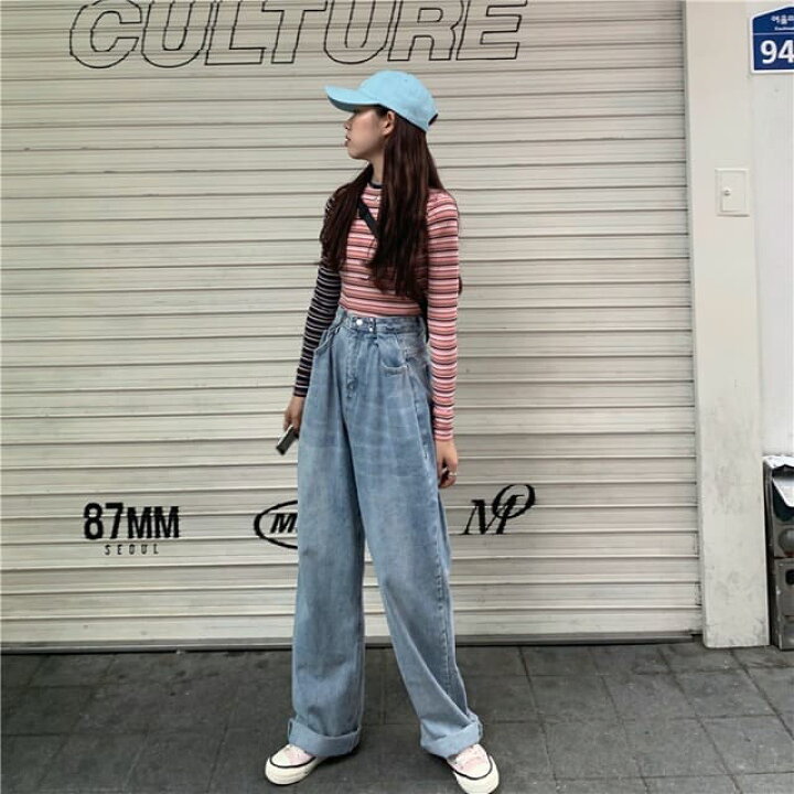 楽天市場】2色 ワイドレッグ デニム パンツ ジーンズ 古着風 : ベース 