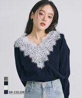 Vネックレースニット｜Vネックニット Vネック レース ベーシック 長袖 シンプル スッキリ カジュアル 綺…