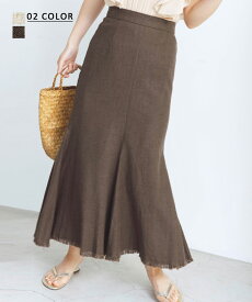 【送料無料】レディース リネン マーメイド スカート ロング 麻 サーキュラー マキシ aライン フリンジ フレア ウエストゴム 春 夏 BASEMENT online 2021SS【宅配便】【BO2021SS】(予約7月6日~10日以内発送)