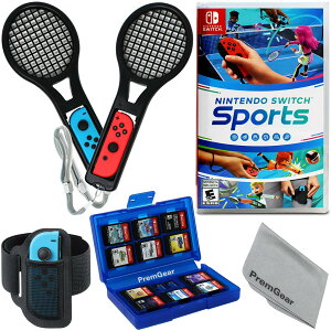 Nintendo Switch Sports for Nintendo Switch with Leg Strap accessory, 2 Tennis Rackets, 24 Slot Game Card Holder & PremGear Cleaning Cloth �k�Ĕ� Nintendo Switch �j���e���h�[�X�C�b�` �C�O�Ń\�t�g