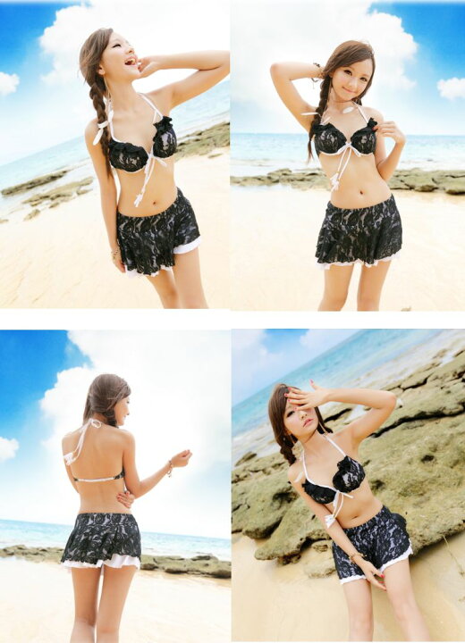 楽天市場 レース水着3点セット ブラック黒 水着ビキニ上下セット レディースyy1411 Basqueバスク