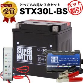 バイクバッテリー充電器+バッテリー電圧テスター(12V用)+STX30L-BS(ハーレー用)セット■バイクバッテリー■66010-97B 66010-97C 66010-97A互換■ボルティクス・スーパーナット(液入済)