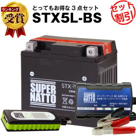 バイクでスマホ充電 USBチャージャー+充電器+STX5L-BS セット■バイクバッテリー■YTX5L-BS互換 スーパーナット充電器(12V)(液入済)