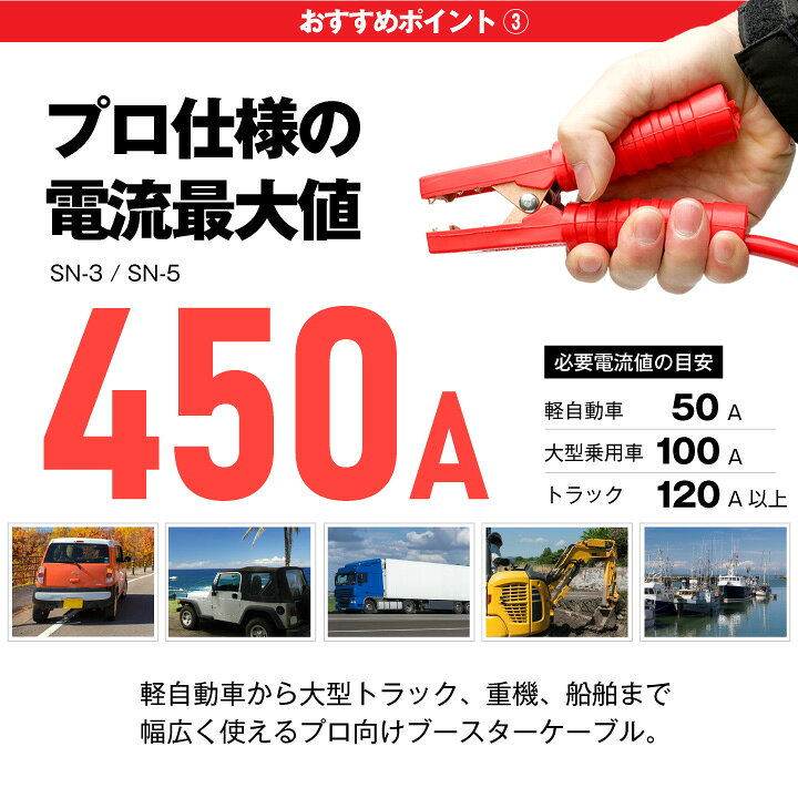 楽天市場】ブースターケーブル 業務用 極太 5.0m 450A/直径10mm（SN-5 