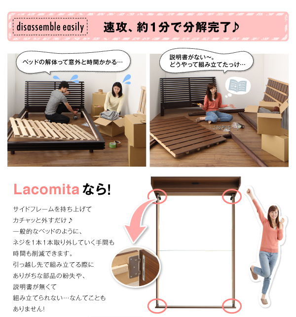 楽天市場】工具いらずの組み立て・分解簡単収納ベッド Lacomita