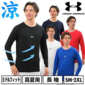 野球 アンダーシャツ 41UAヒートギア(真夏用) コンフォート フィッティド ロングスリーブ クルーネック シャツ アンダーアーマー 大人 長袖 丸首 ストレッチ 吸収速乾 学生野球 ジョックタグ UPF40 洗濯機可 24春夏商品 1384731 アンダーシャツ名入れ有料可(U)
