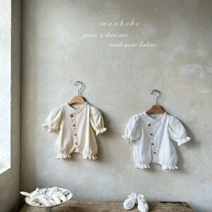 \レビュー特典/【即納】【送料無料】【monbebe モンベベ】 ベビー ワッフル ロンパース 新生児 退院着 セレモニードレス Mellow Glory suit (ivory/cream) 韓国子供服 (0-3m, 3-6m) 50 60 70 綿100% 前開き
