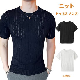 「お買い物マラソン 」シャツ メンズ 無地 ニット ストライプ シンプル 薄手 tシャツ 通気性 柔らかい 上着 吸汗速乾 簡単な 随性 自然 人気 男性 大きいサイズ M~5XL 半袖 セーター ニットソー Tシャツ ハーフハイネック トップス ストレッチ 男性 カジュアル