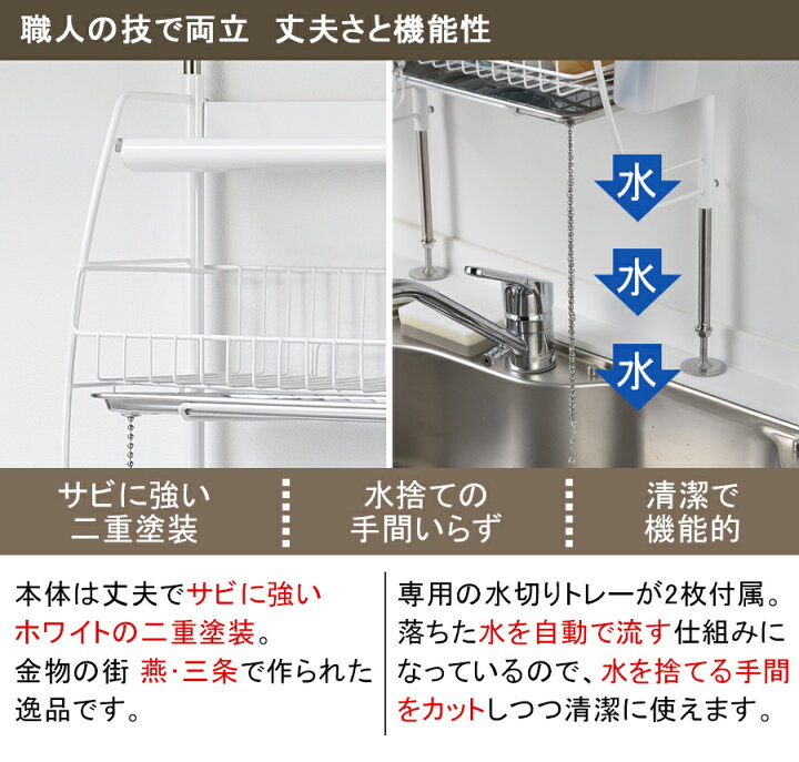 楽天市場】【送料無料】流れる 突っ張り 水切りラック ホワイト 幅45.5 