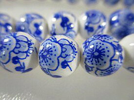 中国陶器ビーズ 9〜10mm珠−11−（2） 連 藍色のフラワー梅の花（花柄） とんぼ玉ビーズ とんぼ玉パーツ 丸玉 とんぼ玉・スワロフスキー・ヴェネチアンガラス　チェコガラスにも並ぶアジアの誇りとんぼ珠 陶器ビース