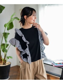 【SALE／50%OFF】異素材コンビ ストライプフリル プルオーバー BEAMS HEART WOMEN ビームス アウトレット トップス カットソー・Tシャツ ブラック ホワイト【RBA_E】[Rakuten Fashion]