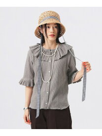 【SALE／60%OFF】ジャガード フリル ギャザー ショートスリーブ BEAMS BOY ビームス アウトレット トップス シャツ・ブラウス ネイビー ホワイト【RBA_E】[Rakuten Fashion]