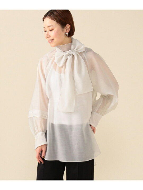 Demi-Luxe BEAMS オーガンジー リボンブラウス Demi-Luxe BEAMS デミルクス ビームス トップス シャツ・ ブラウス ネイビー ホワイト ピンク グレー ベージュ 送料無料 Rakuten Fashion BEAMS ビームス
