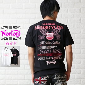 Norton ノートン Tシャツ メンズ 半袖Tシャツ ピンク フェザー オシャレ 天竺 刺繍 バイカー カジュアル 242n1028