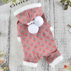 【今すぐ使えるクーポン配布中】 犬 つなぎ カバーオール 防寒 ボア 裏起毛 小型犬 中型犬 フード&リード穴付き チェリー柄 2色 5サイズ もこもこポンポン 冬服