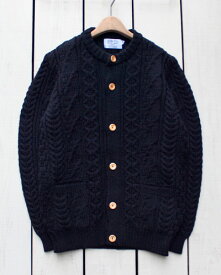 Kerry Woollen Mills Aran Cable Collarless Cardigan knit sweater wool / Midnight ケリー ウーレンミルズ アランケーブル カラーレス カーディガン ウッドボタン ニット セーター ダークネイビー / made in England 英国製 kerry