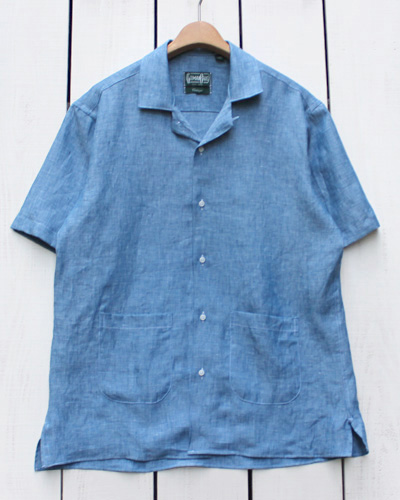Gitman Vintage SS Beach Shirts / two lower pocket camp collar blue Chambray  Linen ギットマン ヴィンテージ 半袖 ビーチ シャツ ウエスト ポケット付 シャンブレー リネン ブルー Made in USA アメリカ製 