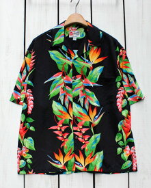 Hilo Hattie Mens Aloha Shirt / rayon Bird of Paradise Black / Made in Hawaii ヒロハッティ メンズ アロハ シャツ 半袖 レーヨン ブラック 花柄 ハワイ製 / リゾート バカンス